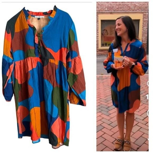 MICHELLE MCDOWELL Geometry Multicolored Balloon Sleeves Dress Size Small